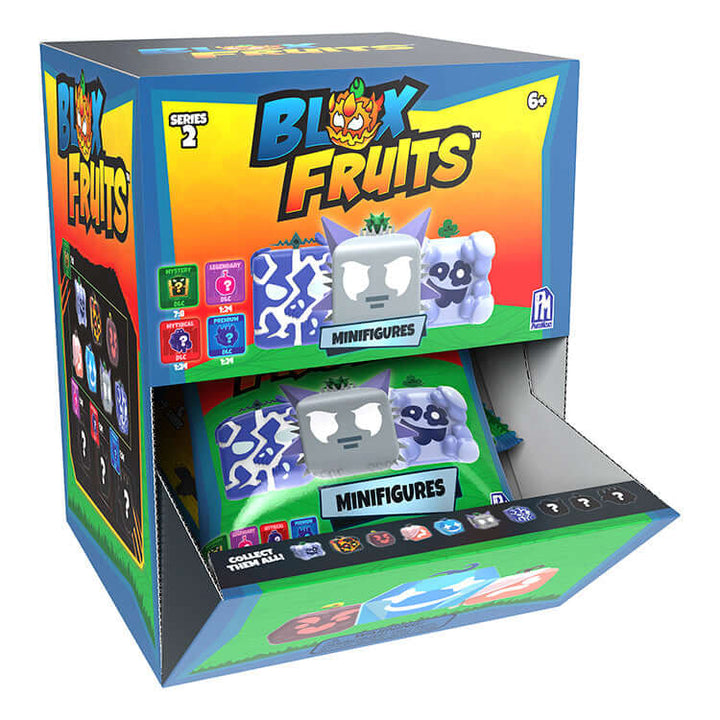 Blox Fruits Series 2 collectible mini figures display box featuring various magical fruit designs and mystery options.
