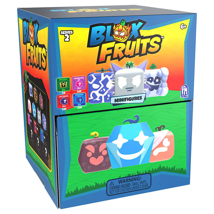 Blox Fruits Series 2 Collectable Mini Figures box showcasing colorful fruit designs and warning label.