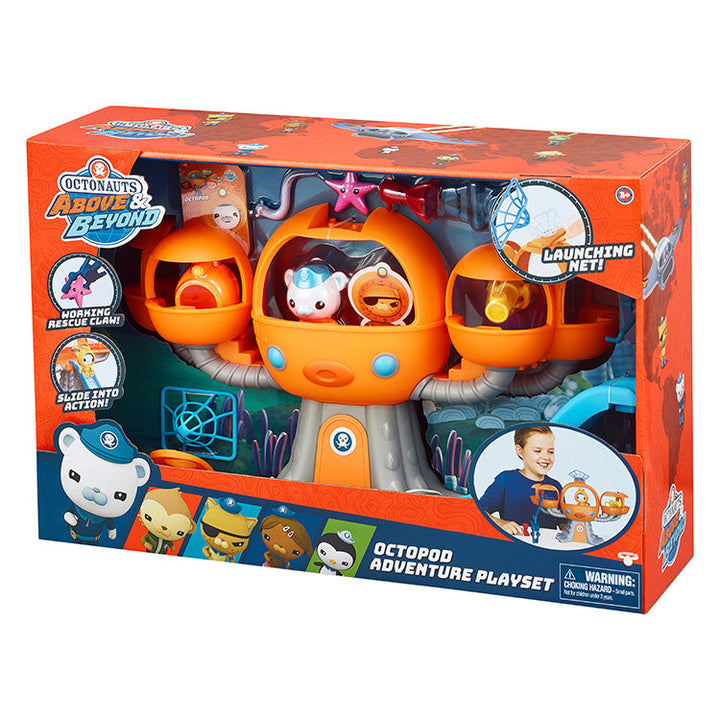 Octonauts Series 1 Octopod Playset box with launching net and rescue claw features displayed amidst colorful cartoon characters.