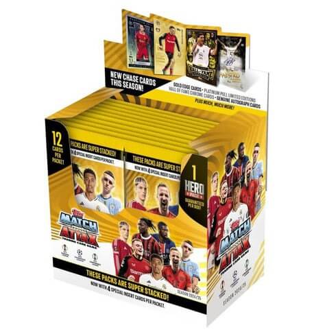 Match Attax 24/25 box with 24 packets, featuring Champions Players and special insert cards. Collectible soccer trading cards.