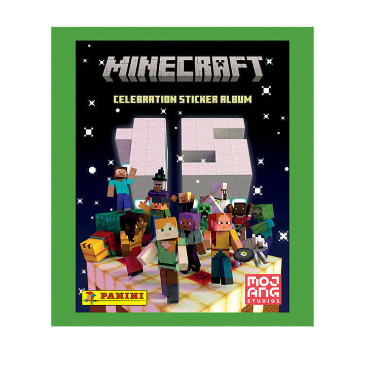 "Minecraft 15th Anniversary Celebration Sticker Album by Panini featuring iconic game characters"