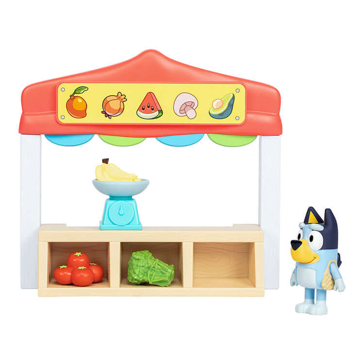 Bluey Farmers Market Playset with Bluey figure and vegetable accessories, including tomatoes and lettuce, for imaginative play.