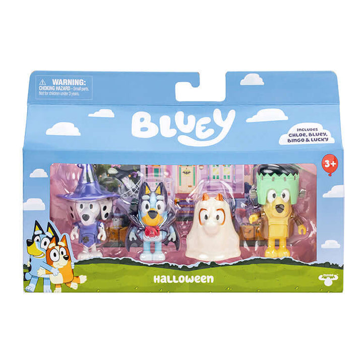 Bluey Halloween Figure 4 Pack with Chloe, Bluey, Bingo, and Lucky in costumes, featuring moving arms and bodies for imaginative play.