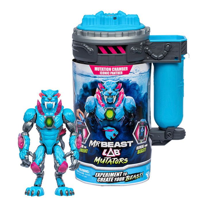 MrBeast Lab Mutators Iconic Panther action figure and mutation chamber, showcasing vibrant pink and blue colors and 20+ points of articulation.