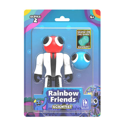 Rainbow Friends Series 2 Scientist action figure in packaging, featuring glow-in-the-dark and squishy accessories.