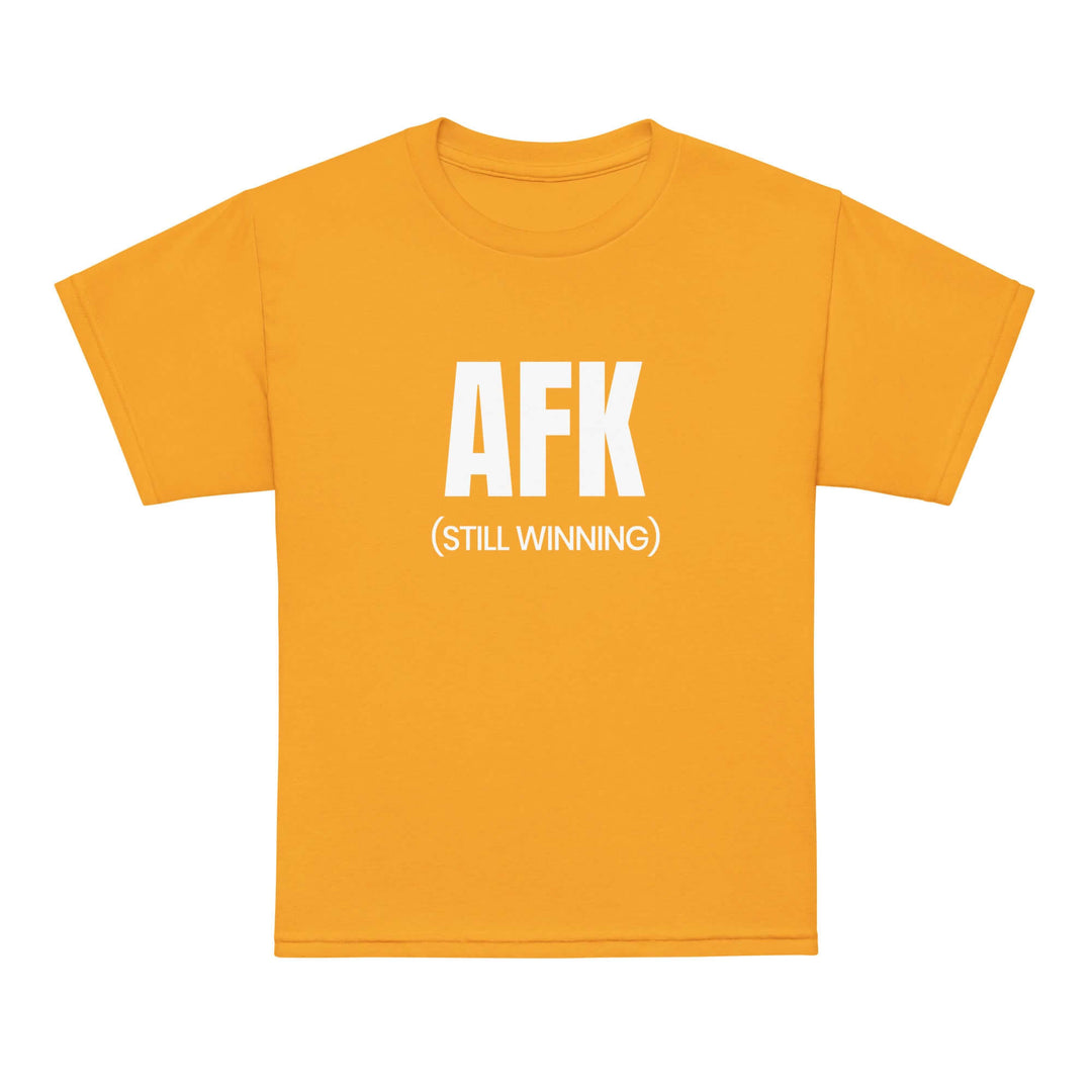 AFK Youth t-shirt in vibrant yellow with white text saying 'AFK (STILL WINNING)'.