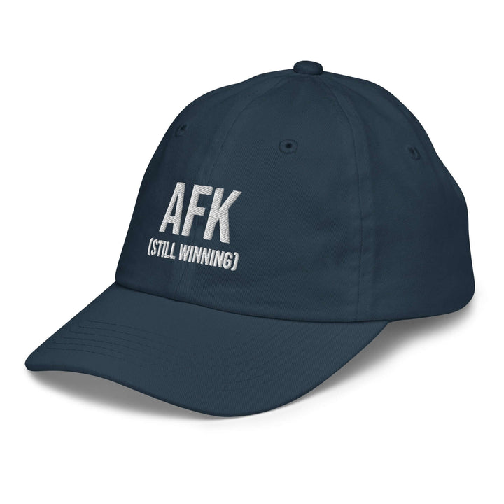 AFK youth baseball cap in navy blue with embroidered text "AFK (STILL WINNING)" for stylish young athletes.