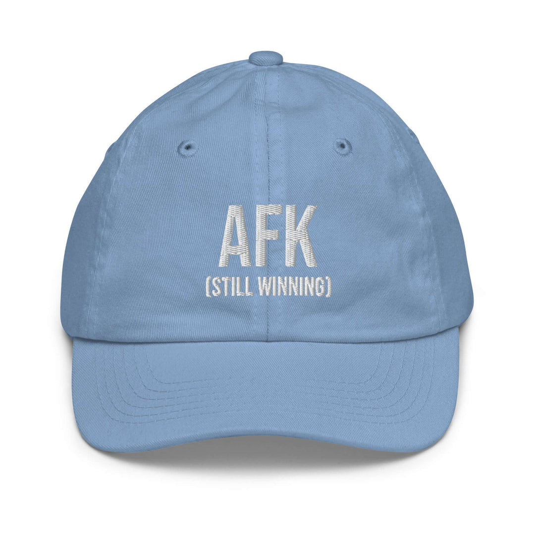 AFK youth baseball cap in blue with embroidered text for outdoor sports and playful kids.