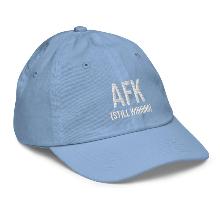 AFK Youth baseball cap in light blue with embroidered text AFK (STILL WINNING) for stylish sun protection.