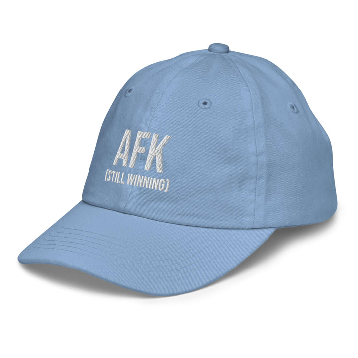 AFK youth baseball cap in light blue with embroidered text AFK (STILL WINNING). Perfect for young athletes.