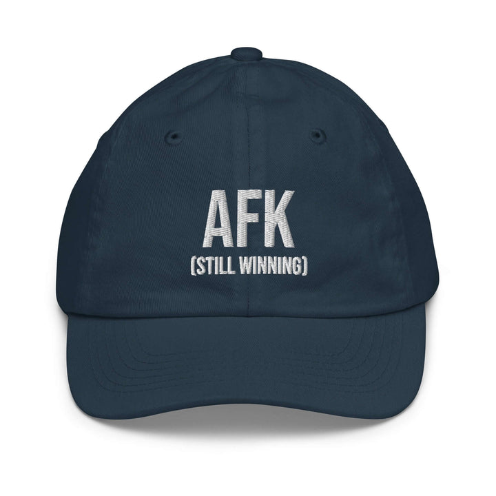 AFK youth baseball cap in navy blue with embroidered text AFK (STILL WINNING) for active kids.
