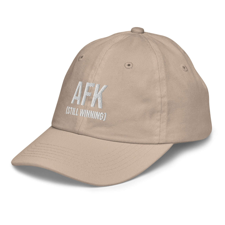 AFK youth baseball cap in beige with embroidered text AFK (STILL WINNING) for young athletes and playful kids.