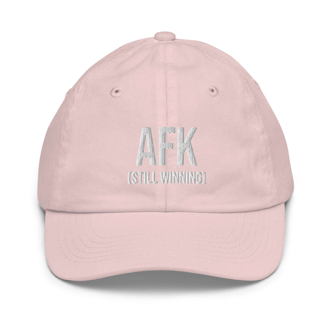 AFK youth baseball cap in pink with embroidered text stating &