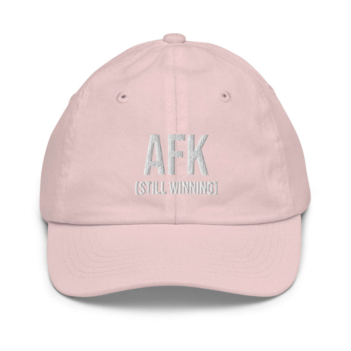 AFK youth baseball cap in pink with embroidered text stating &