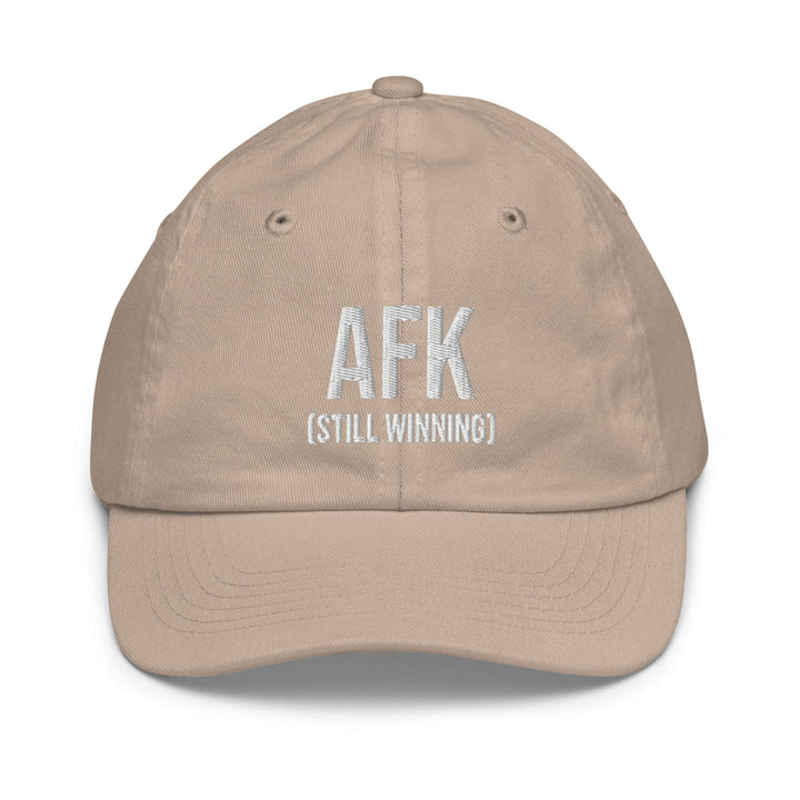 AFK youth baseball cap in beige with embroidered text AFK (STILL WINNING) on the front.