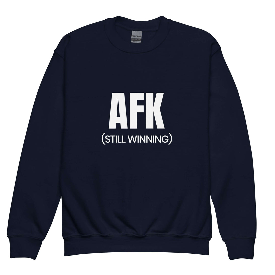 AFK Youth crewneck sweatshirt in navy blue with bold white text saying &