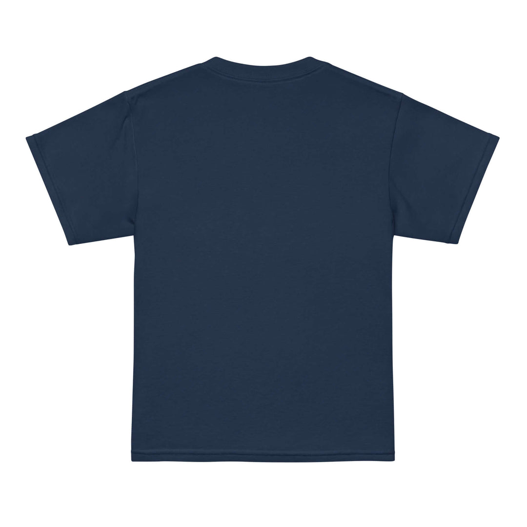 AFK Youth t-shirt, back view showing modern fit and classic-width ribbed collar in navy color.