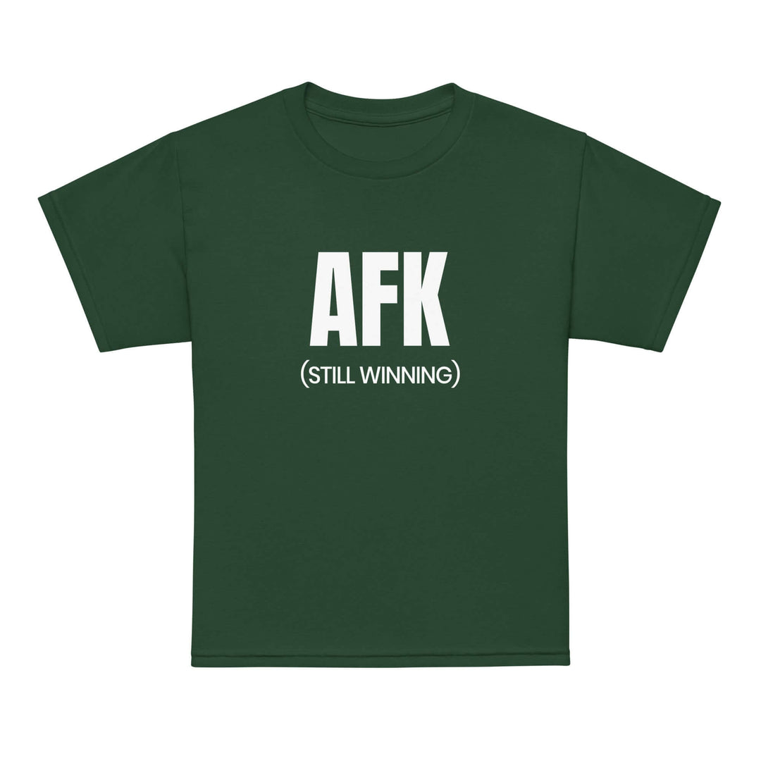 AFK Youth t-shirt in green color with bold text "AFK (STILL WINNING)" for kids, made of moisture-wicking fabric.