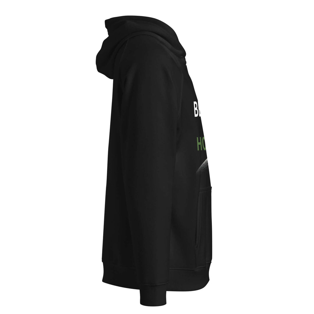 Side view of Beyond the Horizon unisex eco-friendly unisex hoodie showcasing its comfortable fit.