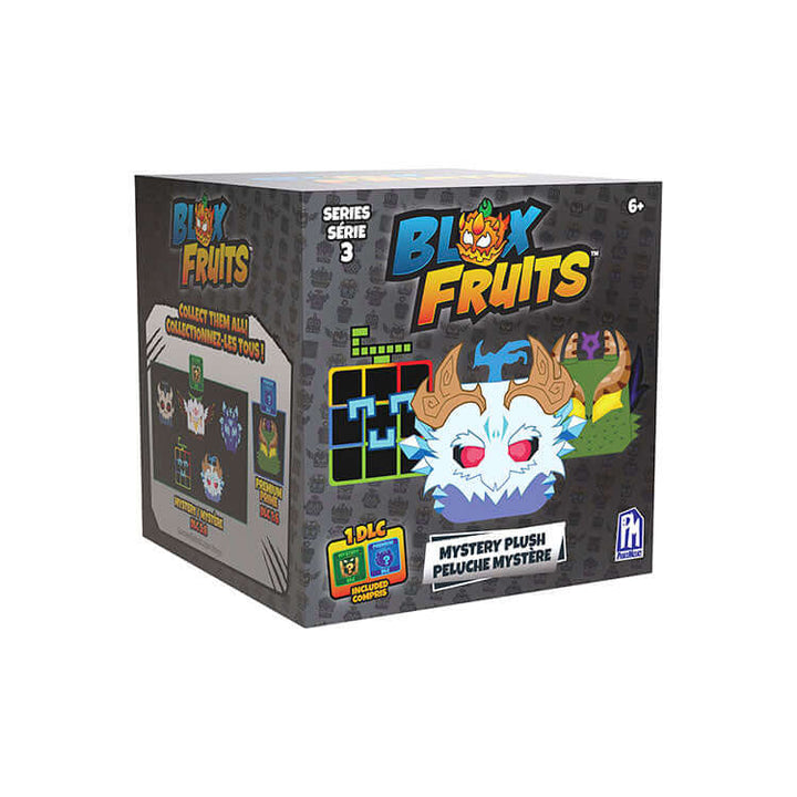Blox Fruits 8" Collectable Plush Series 3 Mystery Deluxe Plush box featuring unique character designs and bonus DLC code.