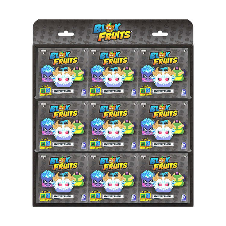 Blox Fruits Series 3 Mystery Collectible Plush display featuring 9 unique 4-inch plush characters in surprise boxes.
