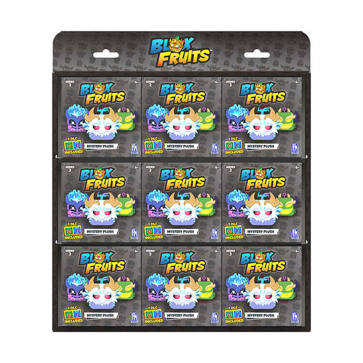 Blox Fruits Series 3 Mystery Collectible Plush display featuring 9 unique 4-inch plush characters in surprise boxes.