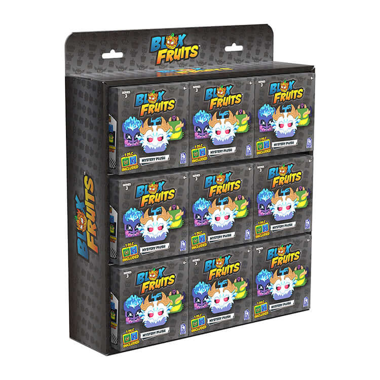Blox Fruits Series 3 collectible plush mystery boxes display featuring 9 unique characters, bold and colorful design.