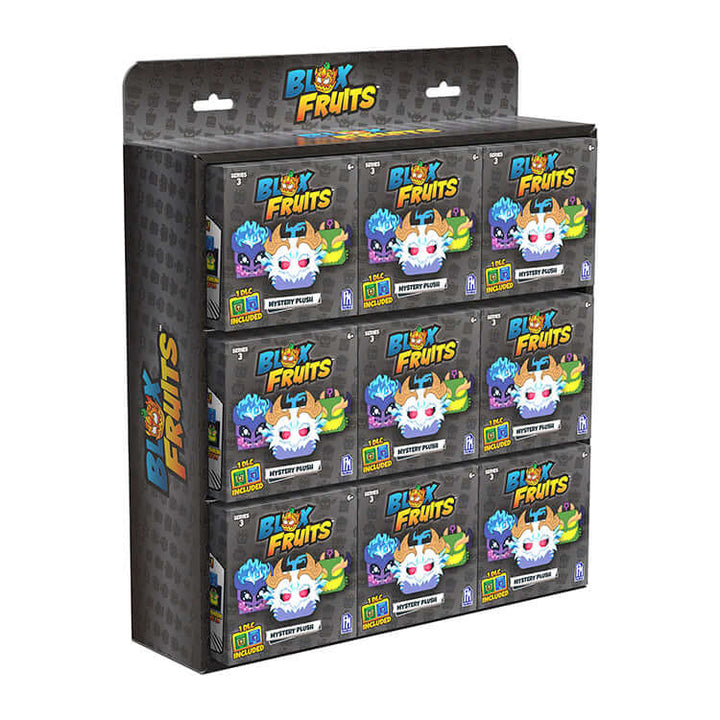 Blox Fruits Series 3 collectible plush mystery boxes display featuring 9 unique characters, bold and colorful design.