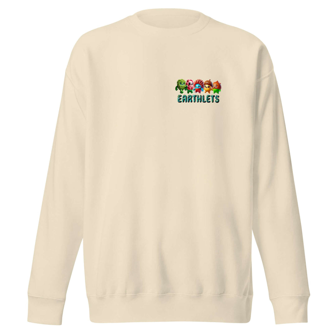 Earthlets unisex premium sweatshirt with colorful logo on a beige background.