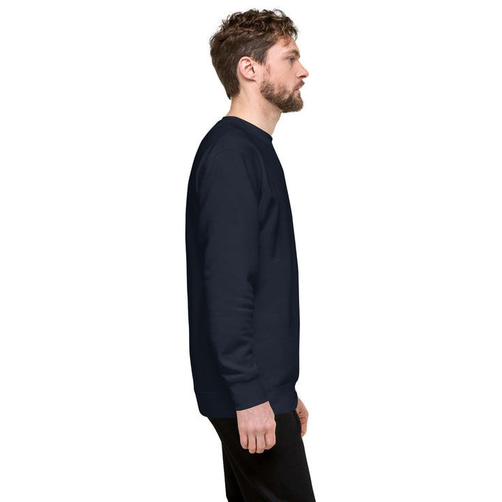 Earthlets Unisex Premium Sweatshirt shown from the side, featuring a classic navy color and comfortable fit.