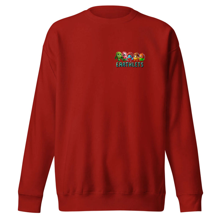 Earthlets premium unisex sweatshirt in red with graphic design on chest, perfect for stylish layering.