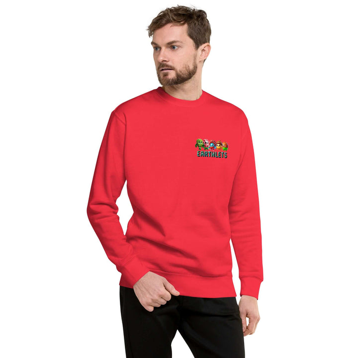 Model wearing Earthlets unisex premium sweatshirt in red color, showcasing contemporary style and comfort.