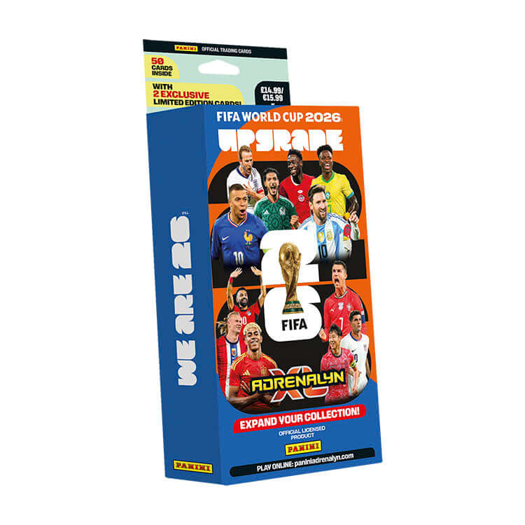 FIFA World Cup 2026 Adrenalyn XL Upgrade Set packaging featuring exclusive trading cards for collectors.