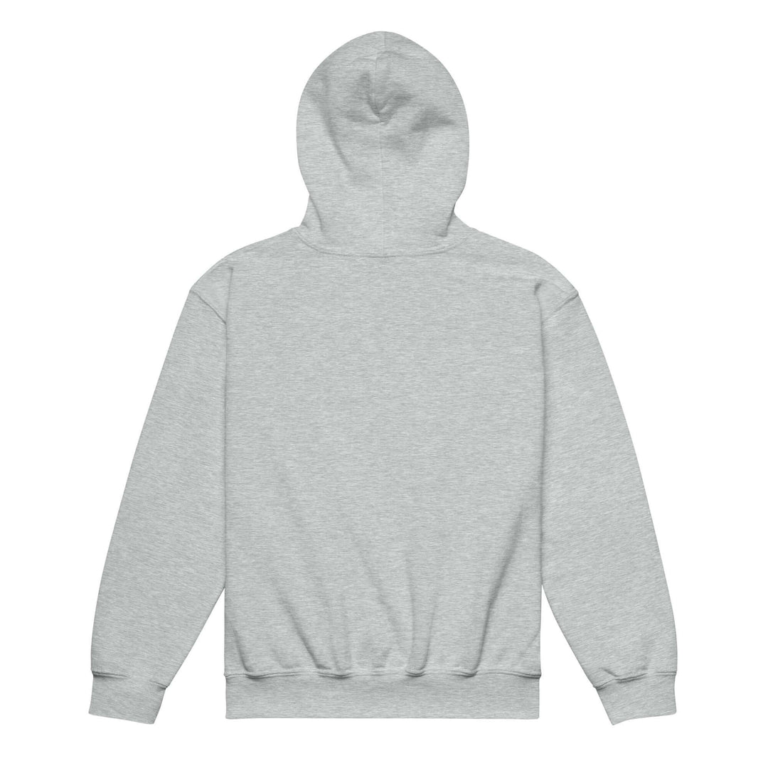 Back view of youth heavy blend hoodie in grey, designed for comfort and durability for active children.