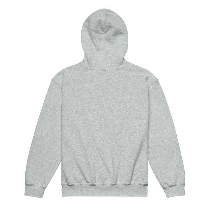 Back view of youth heavy blend hoodie in grey, designed for comfort and durability for active children.