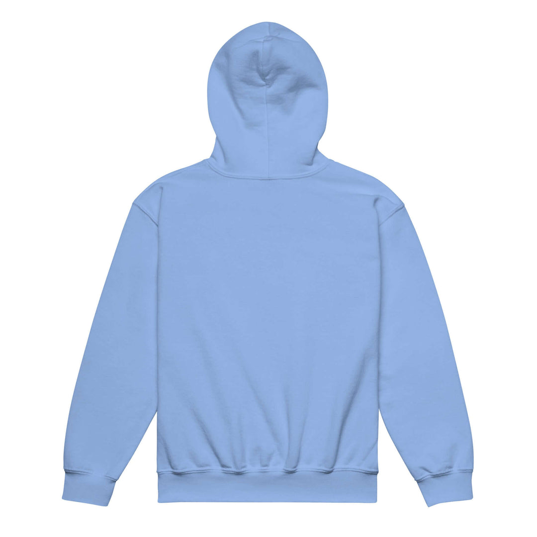 Back view of the blue youth heavy blend hoodie, showcasing its comfortable and durable design.