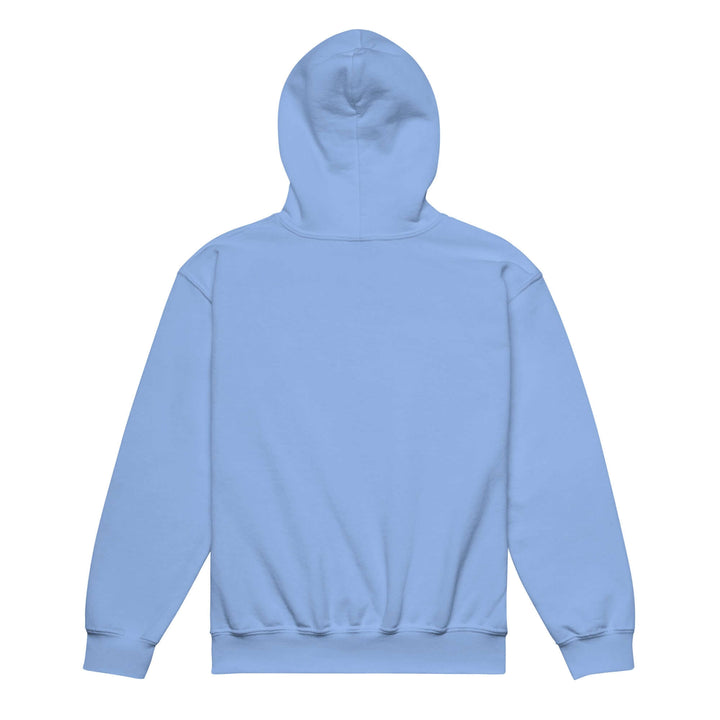 Back view of the blue youth heavy blend hoodie, showcasing its comfortable and durable design.
