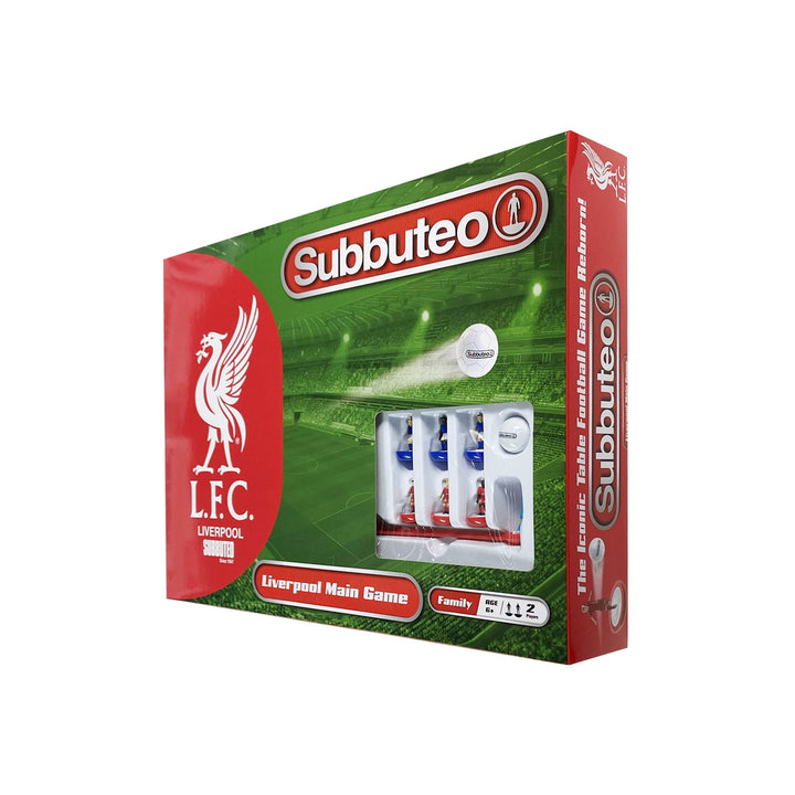 Liverpool FC Subbuteo Main Game packaging featuring Liverpool colors, logo, and game contents.