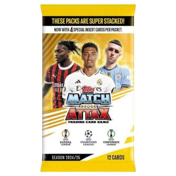 Match Attax 24/25 trading card pack featuring 12 cards, including 4 special inserts for UEFA Champions League fans.