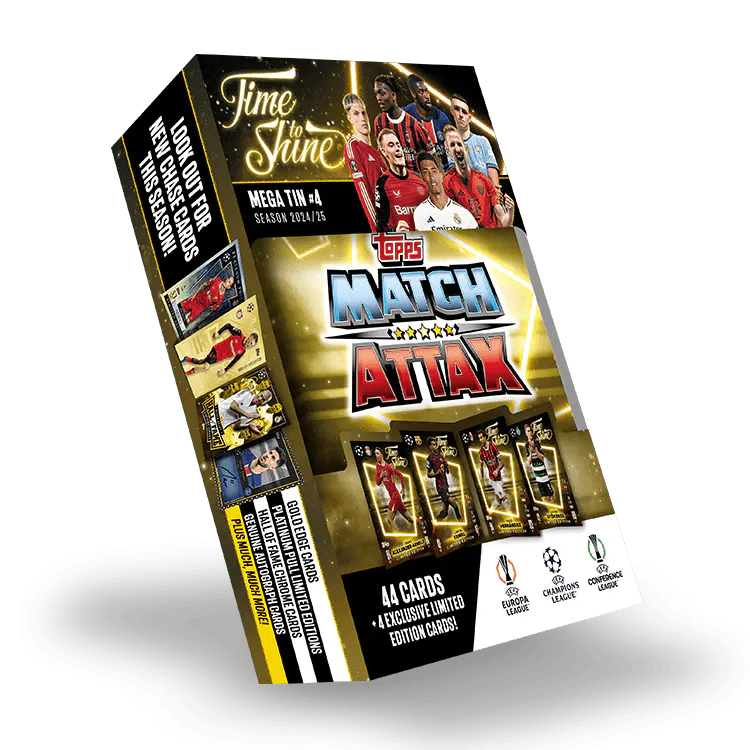 Match Attax 24/25 Mega Tin 'Time To Shine' featuring 44 cards and exclusive limited edition UEFA cards.