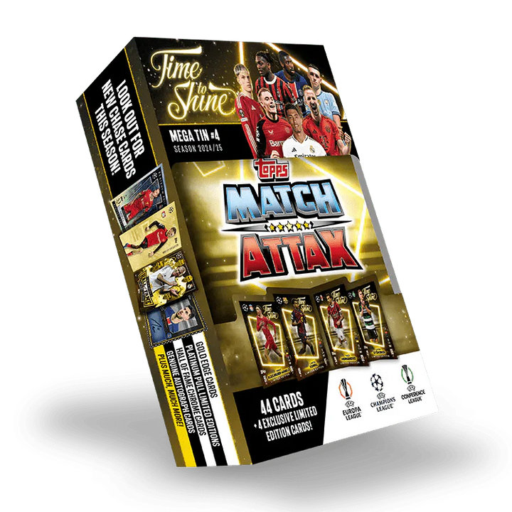 Match Attax 24/25 Mega Tin 'Time To Shine' featuring 44 cards and exclusive limited edition UEFA cards.