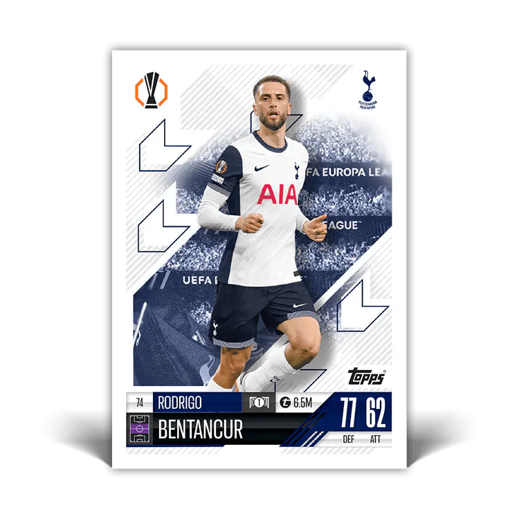 Rodrigo Bentancur Match Attax card, Tottenham player, UEFA Europa League, 77 defense, 62 attack stats.