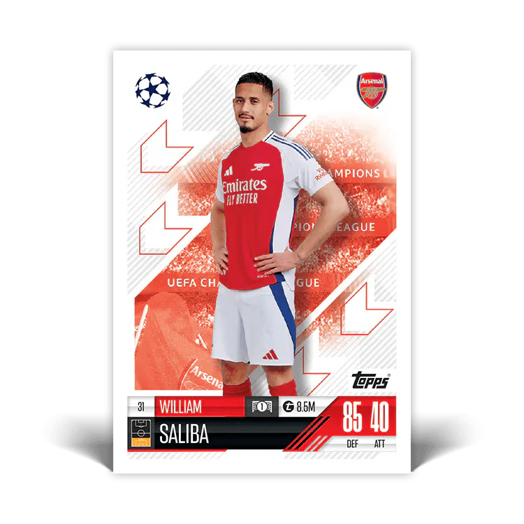 Match Attax Saliba card featuring Arsenal player with UEFA Champions League branding.