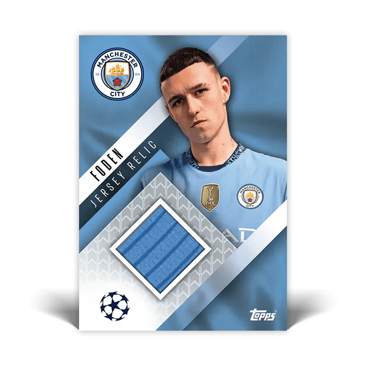 Phil Foden Manchester City jersey relic trading card with blue fabric swatch and UEFA Champions League logo.