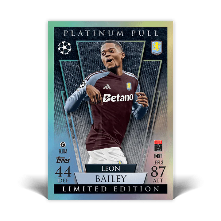 Leon Bailey limited edition match card from Match Attax 24/25, featuring Platinum Pull design with stats.