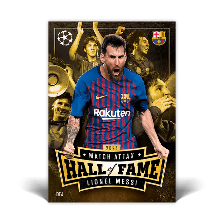 Match Attax Lionel Messi Hall of Fame 2024 card featuring iconic moments and action shots.