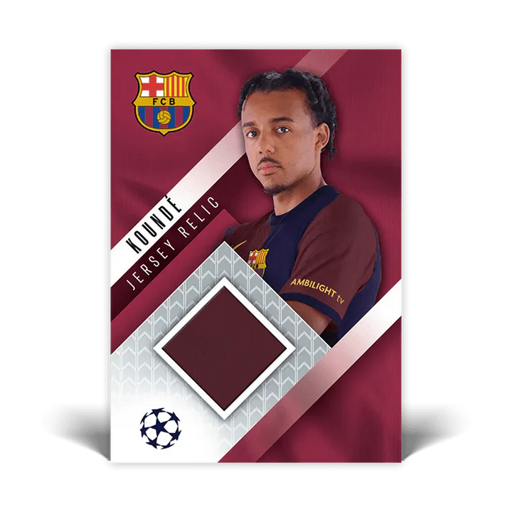 Match Attax 24/25 card featuring Koundé, Barcelona Jersey Relic, UEFA Champions League design.