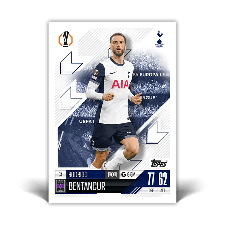 Rodrigo Bentancur Match Attax card featuring Tottenham player stats and UEFA Europa League branding.