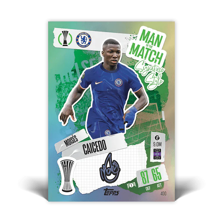 Match Attax card featuring Moises Caicedo from Chelsea, highlighting his Man of the Match performance with stats.