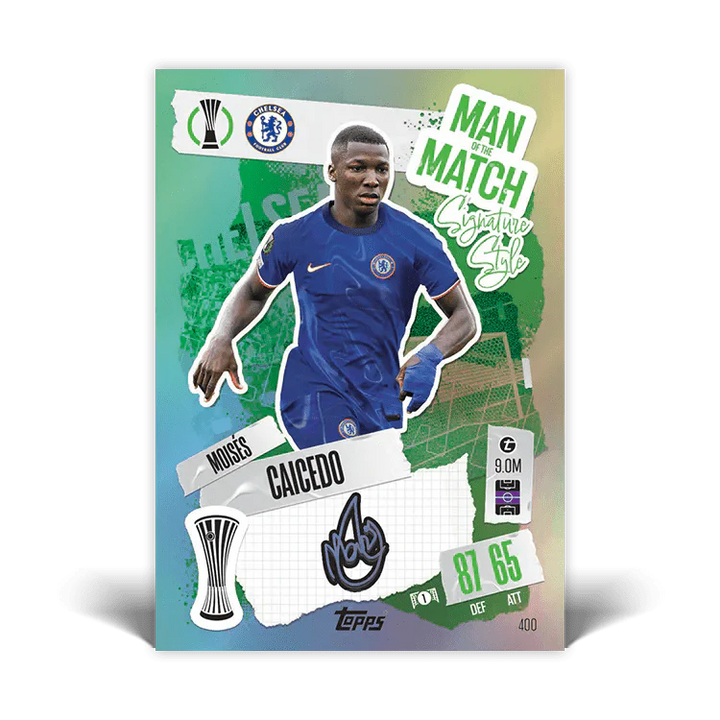 Match Attax card featuring Moises Caicedo from Chelsea, highlighting his Man of the Match performance with stats.